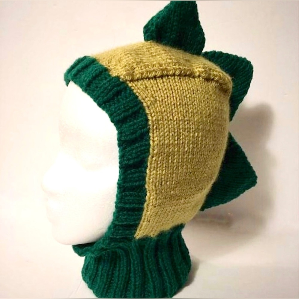 Hand Knit Child’s Dinosaur Dragon Balaclava Hat Size 3-10 Yrs